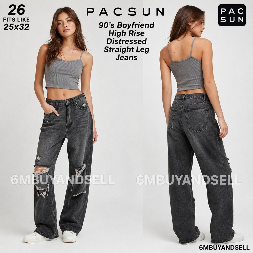 PacSun 90s Boyfriend High Rise Distressed Straight Leg Jeans Blk 26 PAC-J5788-6‎